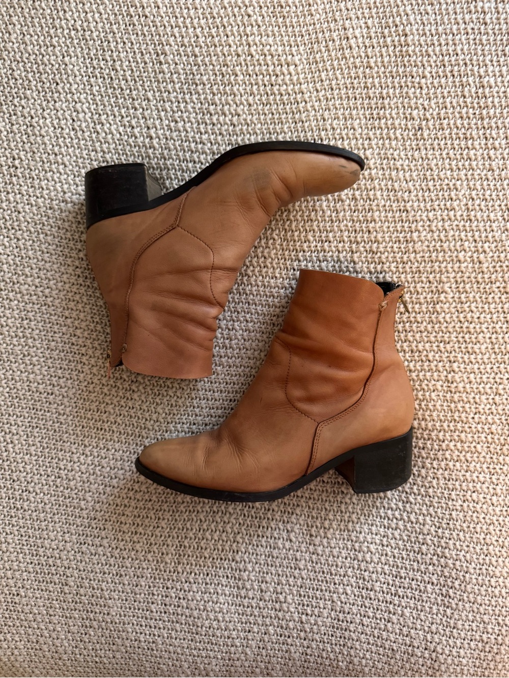 Women's Tan Leather Ankle Booties with Low Block Heel